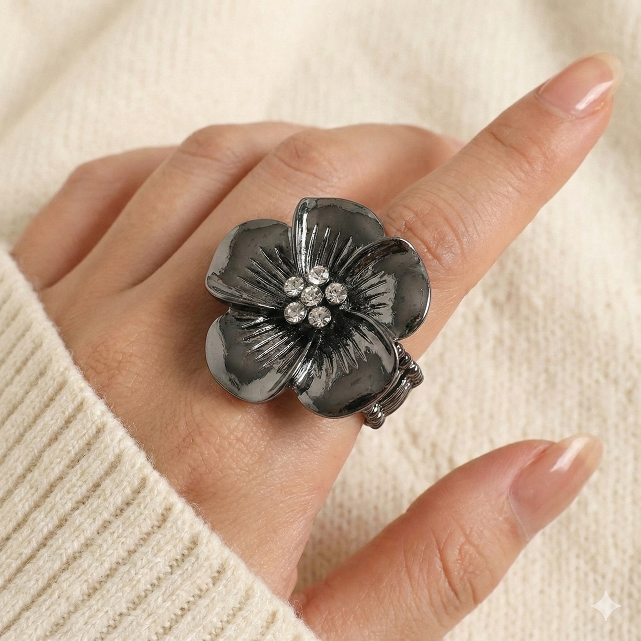 Dark Metal Flower Ring With Rhinestones  Stretchy Band